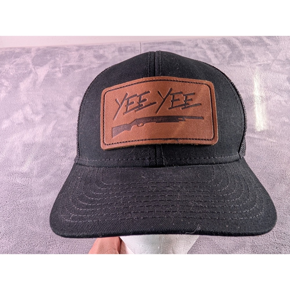 Yee Yee Apparel Black Mesh Trucker Hat Brown Leather Patch Snapback Cap OSFM